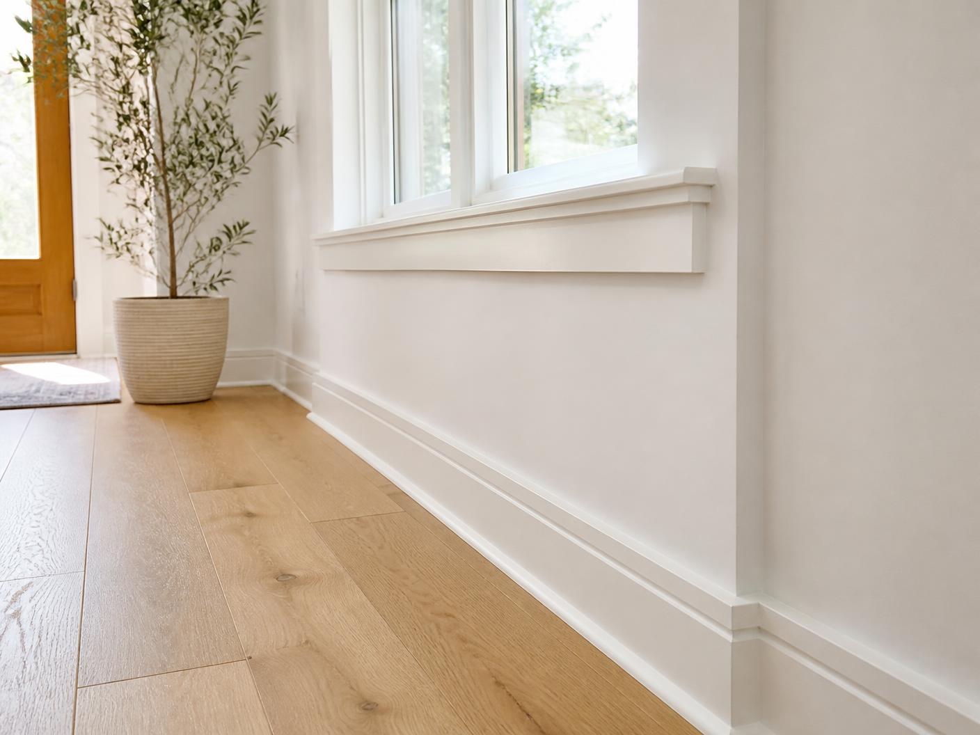 Freshly installed white baseboard and window trim in a bright renovated room with oak flooring