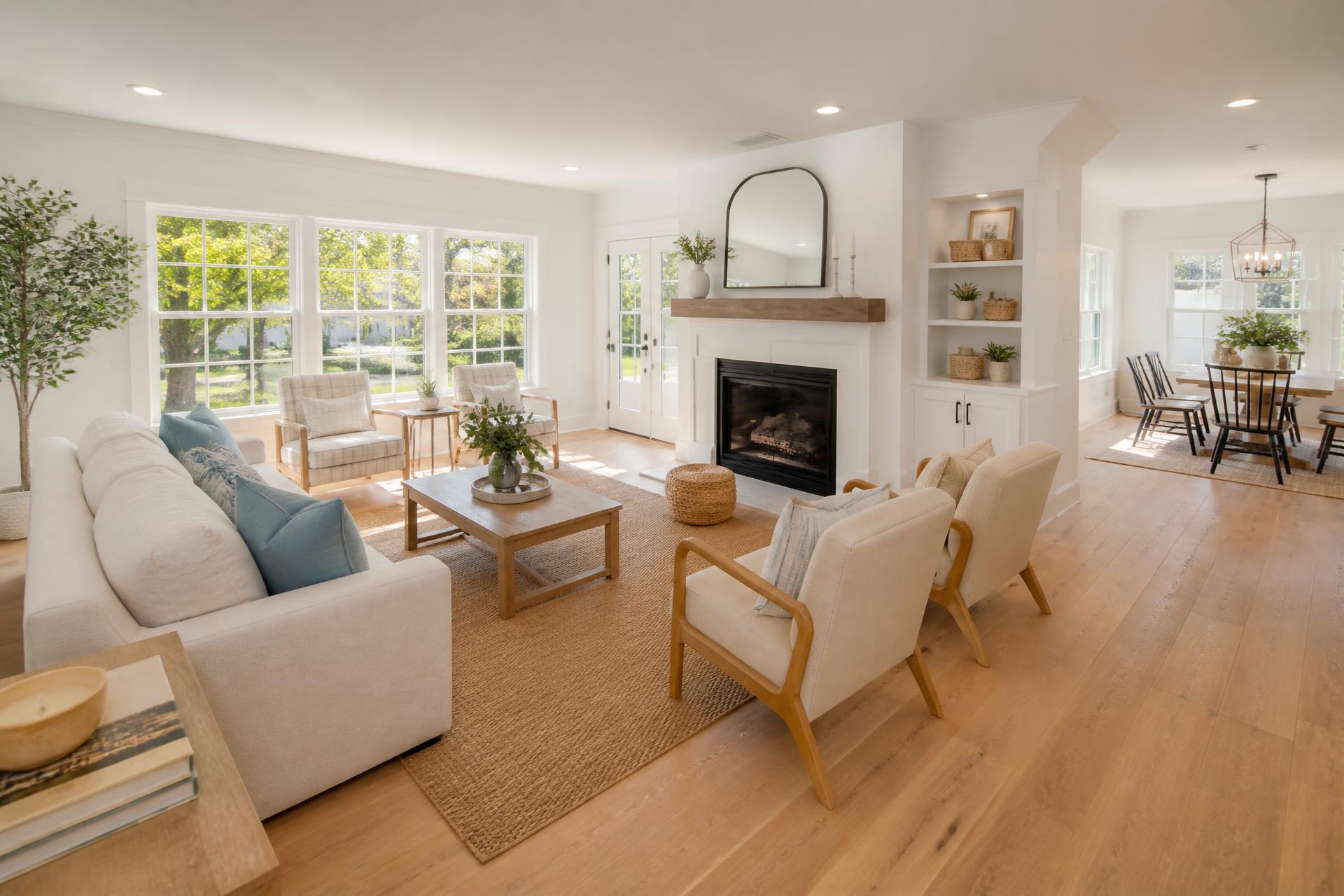 Bright renovated living room with natural light, white walls and light wood flooring